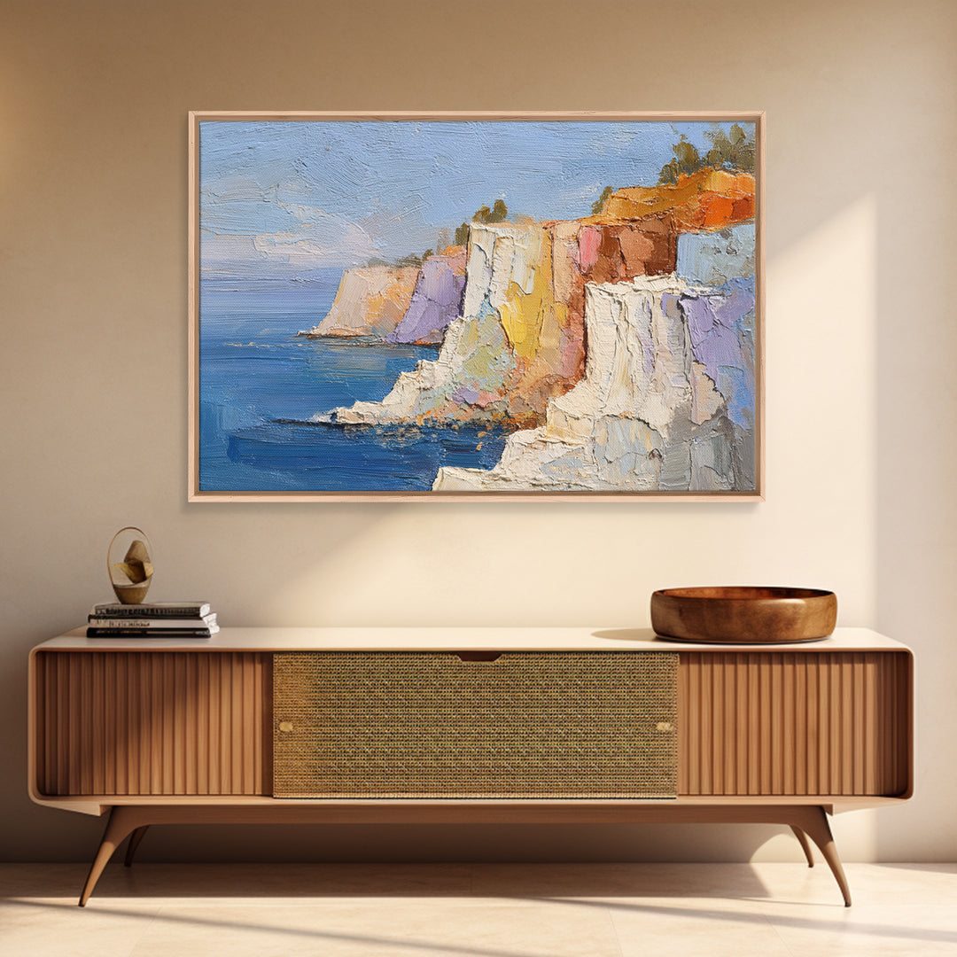 Coastal Cliffs with Sparkling Blue Water Framed Canvas Print, Mediterranean Art, Framed Wall Art, Living Room Decor, Azure, MAR-3x2-24