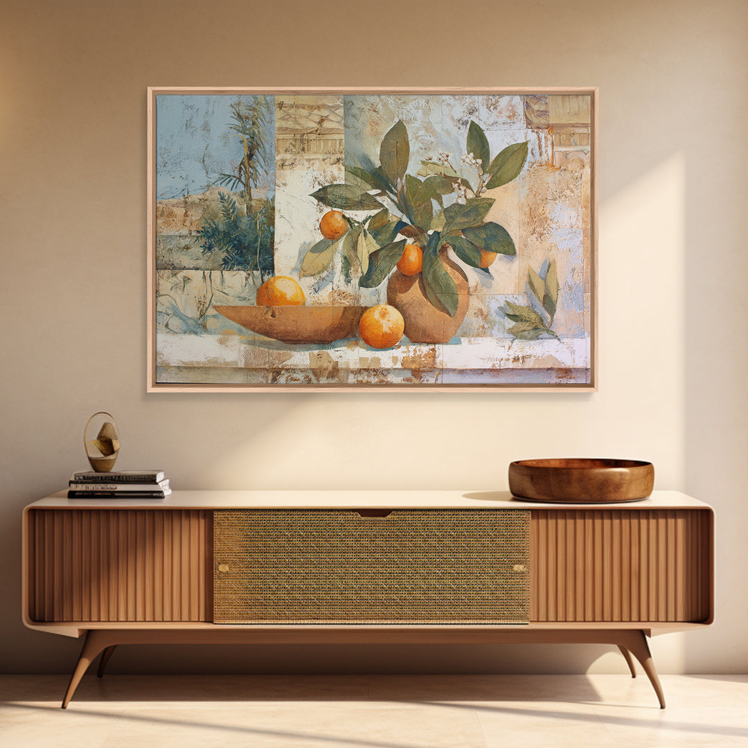 Ceramic Bowl of Oranges and Leaves Framed Canvas Print, Mediterranean Art, Horizontal Wall Art, Living Room Decor, Abstract Art, MAR-3x2-25