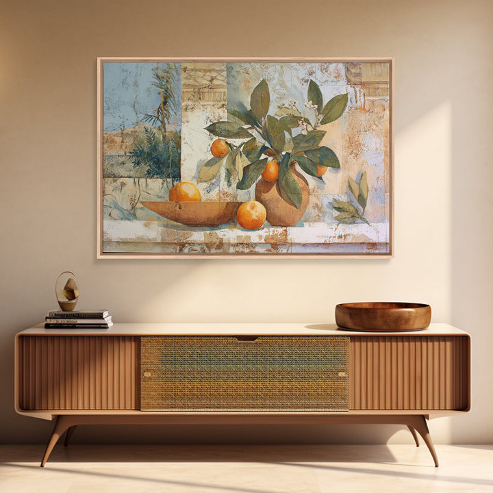 Ceramic Bowl of Oranges and Leaves Framed Canvas Print, Mediterranean Art, Horizontal Wall Art, Living Room Decor, Abstract Art, MAR-3x2-25