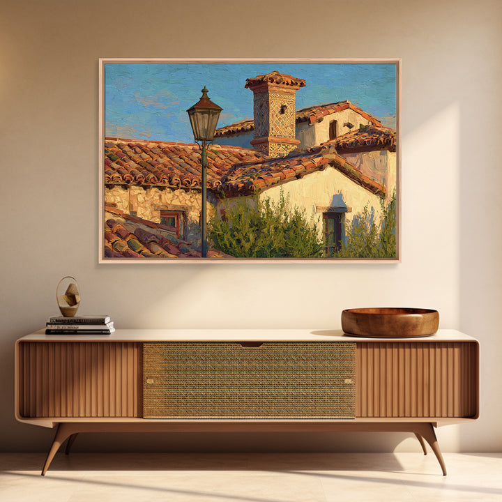 Sunset over Red Tiled Rooftops Framed Canvas Print, Mediterranean Art, Printable Art, Living Room Decor, Fine Art, Azure, MAR-3x2-27