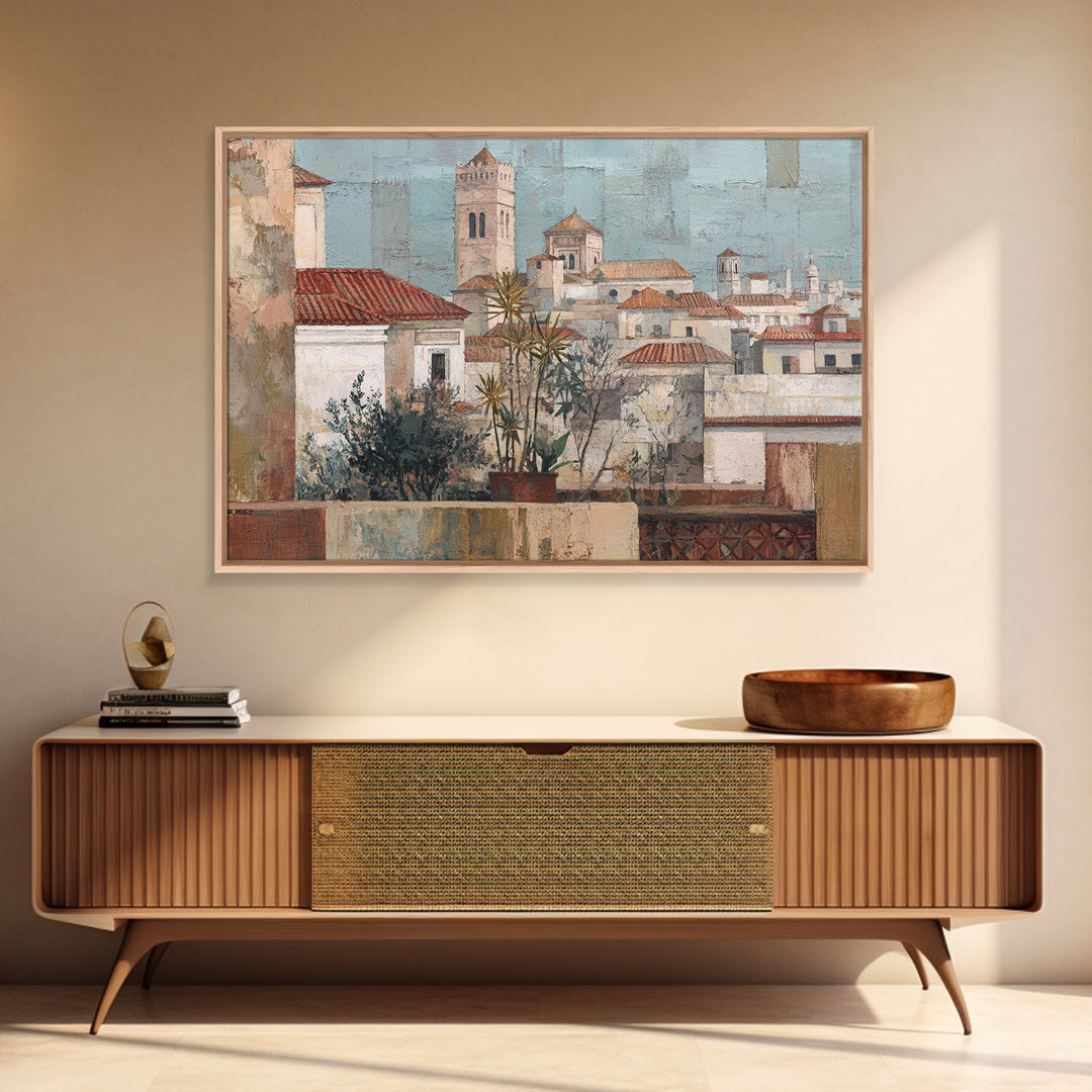 Sunset over Red Tiled Rooftops Canvas Print, Mediterranean Art, Original Painting, Living Room Decor, Fine Art, Azure, MAR-3x2-3
