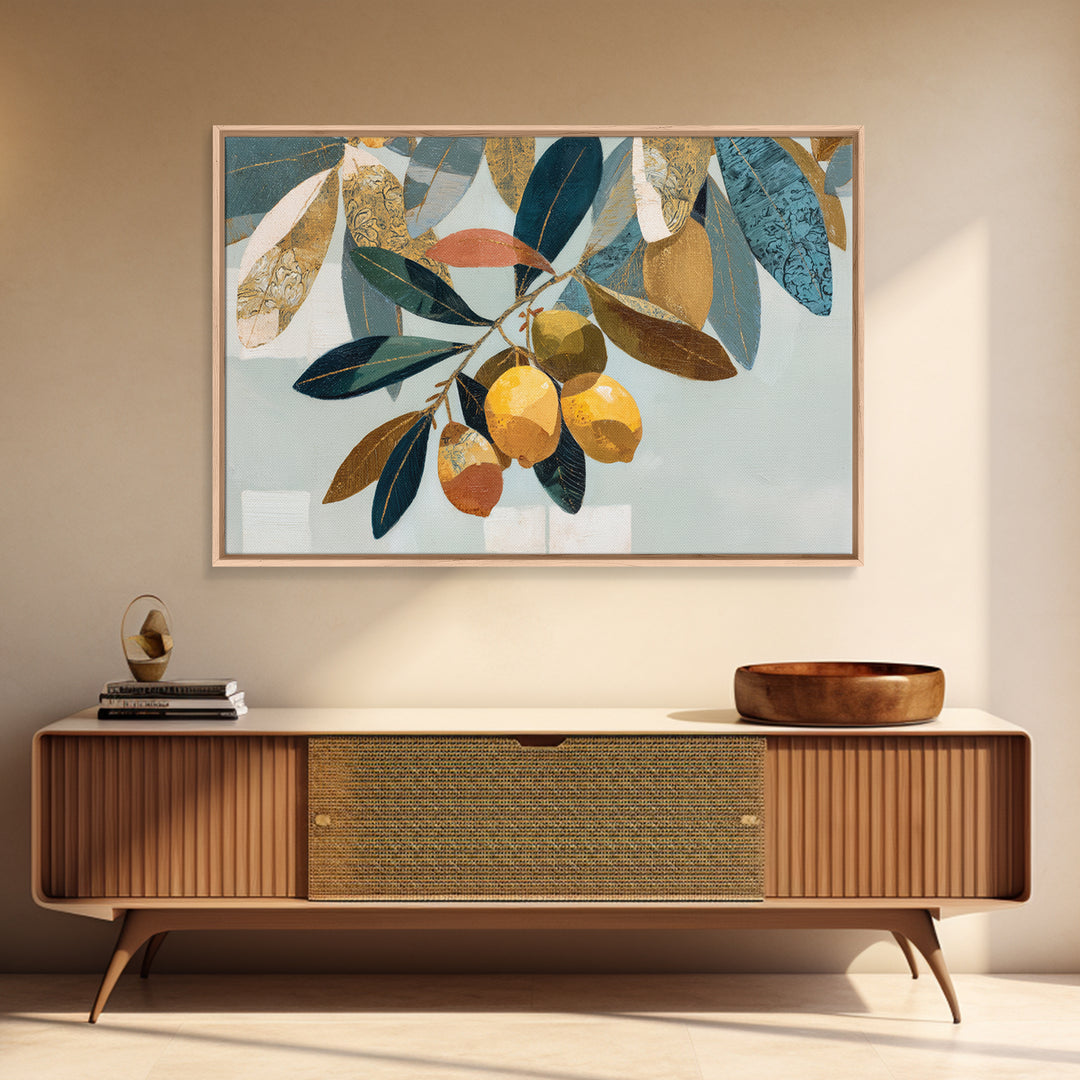 Olive Branch and Lemons on Terracotta Ground Canvas Print, Mediterranean Art, Horizontal Wall Art, Living Room Decor, Azure, MAR-3x2-30