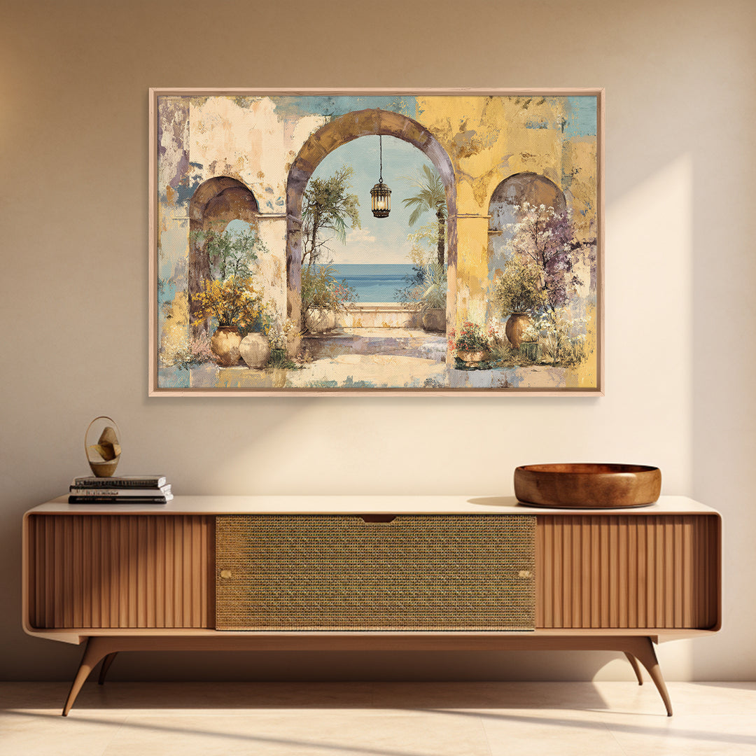 Mediterranean Arch Framing Ocean Horizon Canvas Print, Mediterranean Art, Modern Wall Art, Living Room Decor, Azure, MAR-3x2-31