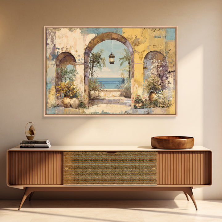 Mediterranean Arch Framing Ocean Horizon Canvas Print, Mediterranean Art, Modern Wall Art, Living Room Decor, Azure, MAR-3x2-31