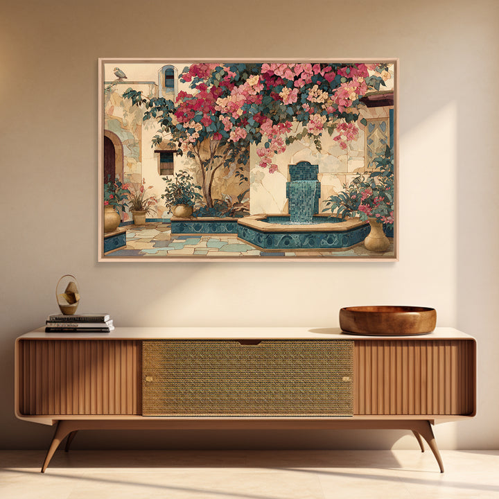 Bougainvillea Cascading over Stone Wall Canvas Print, Mediterranean Art, Watercolor Painting, Living Room Decor, Azure, MAR-3x2-33