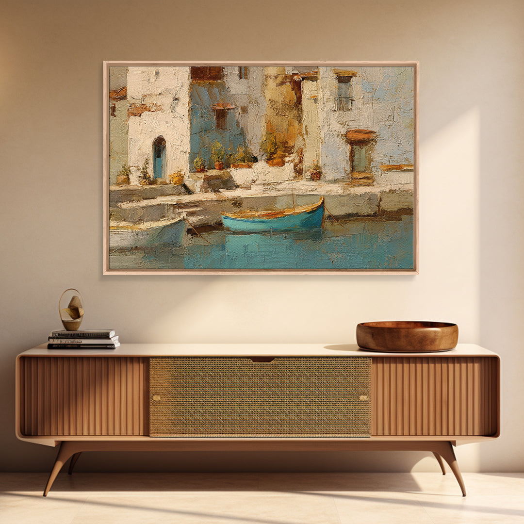Coastal Fishing Boats Framed Canvas Print, Mediterranean Art, Nautical Decor, Living Room Decor, Azure, Coastal Wall Decor, MAR-3x2-35