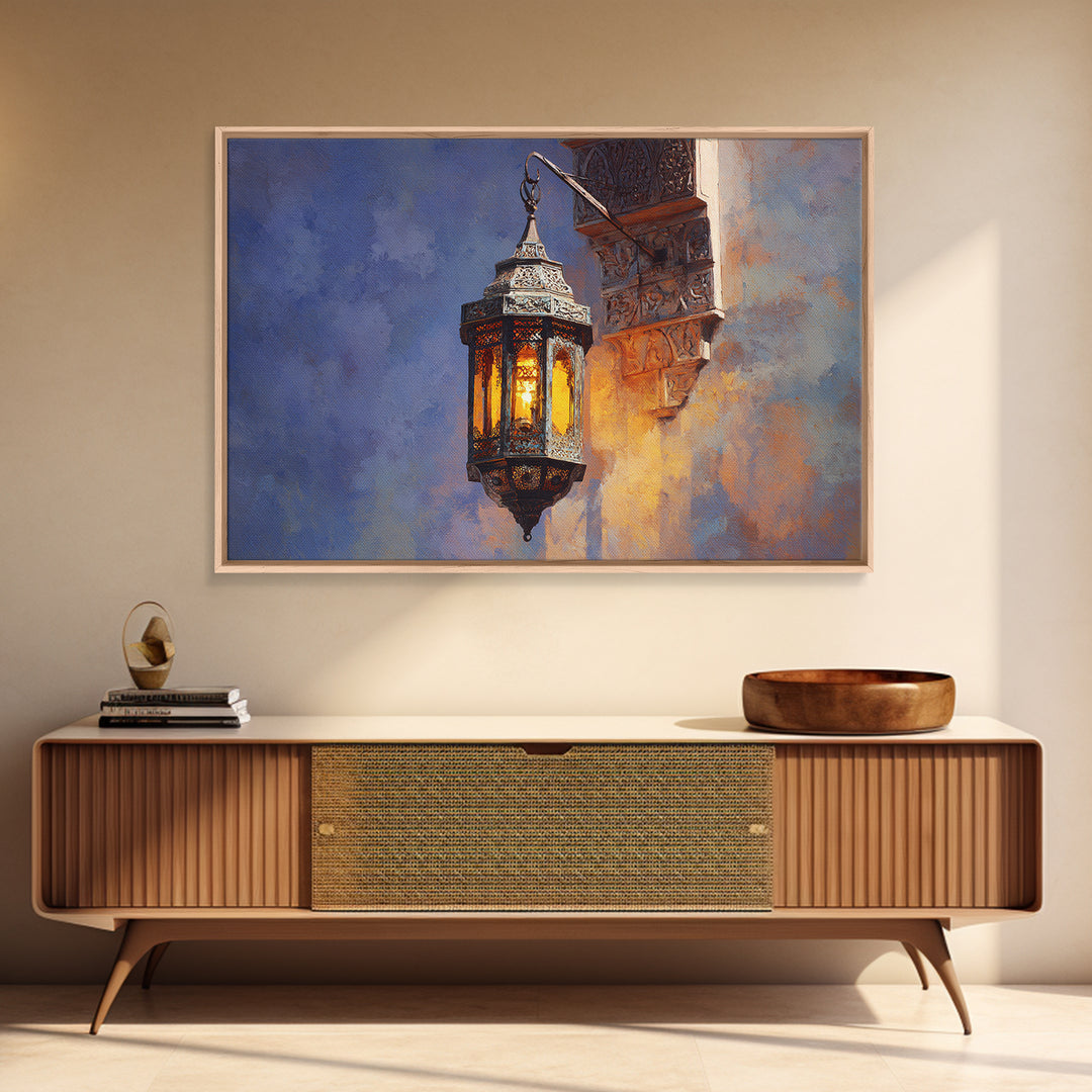 Moroccan Influenced Lantern Canvas Print, Mediterranean Art, Modern Wall Art, Living Room Decor, Oil Painting, Azure, MAR-3x2-37