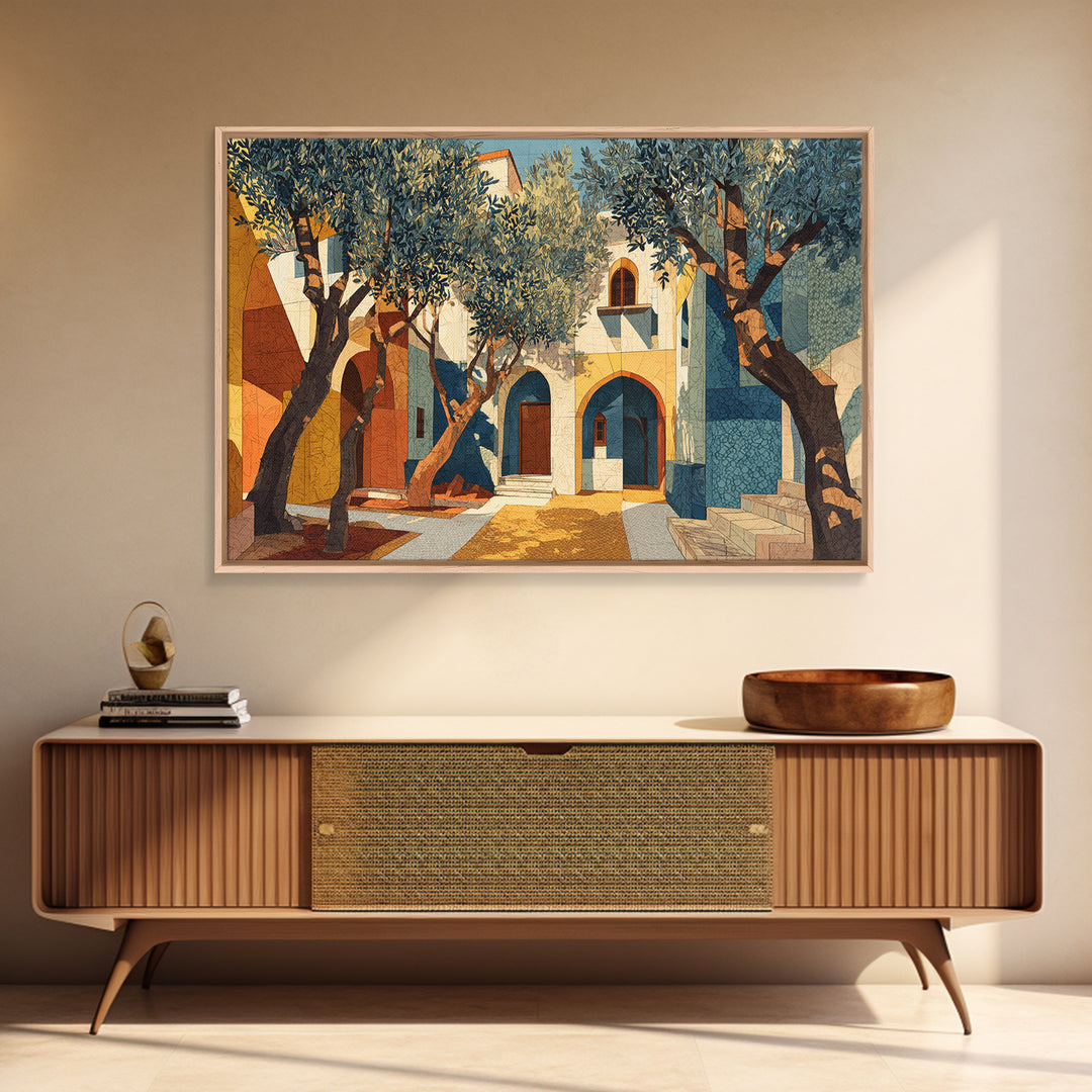 Olive Grove under Pale Morning Light Framed Canvas Print, Mediterranean Art, Nautical Decor, Living Room Decor, Fine Art, Azure, MAR-3x2-45