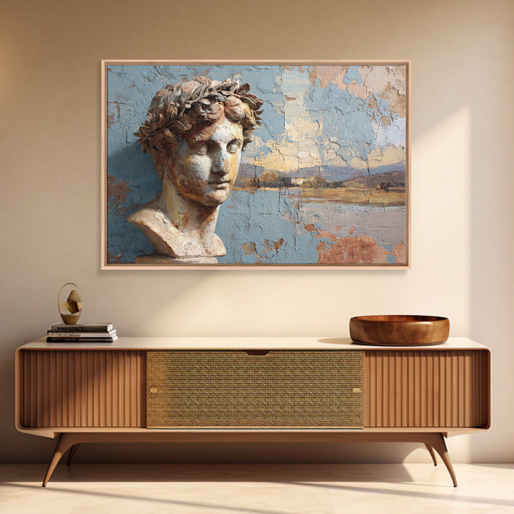 Roman Statue Bust Framed Canvas Print, Mediterranean Art, Farmhouse Decor, Living Room Decor, Oil Painting, Azure, MAR-3x2-50