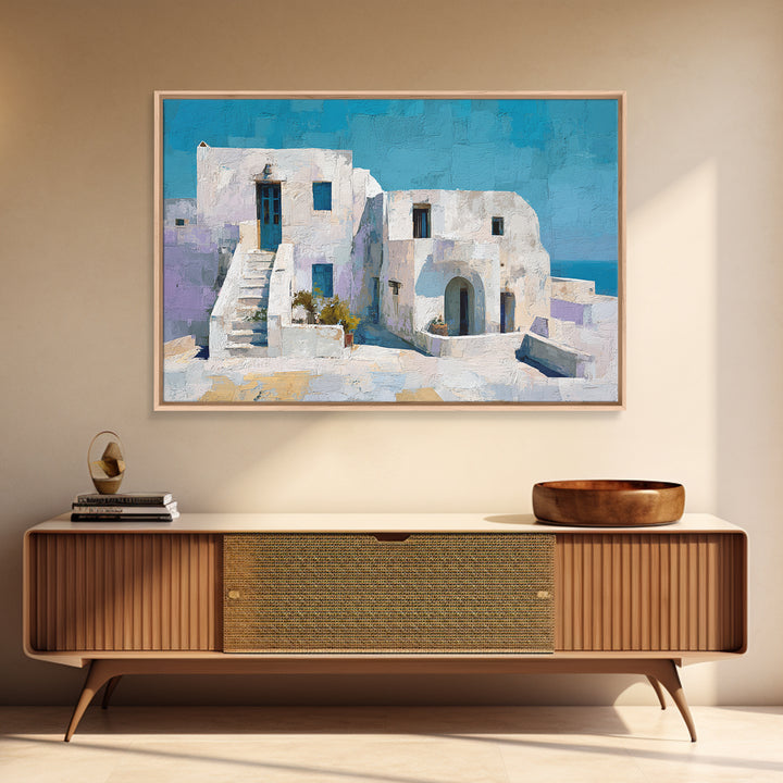 Greek Island White Buildings Above Blue Sea Canvas Print, Mediterranean Art, Digital Art Prints, Living Room Decor, Azure, MAR-3x2-53