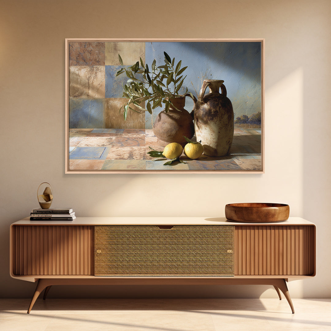 Olive Branch and Lemons on Terracotta Ground Canvas Print, Mediterranean Art, Horizontal Wall Art, Living Room Decor, Azure, MAR-3x2-54