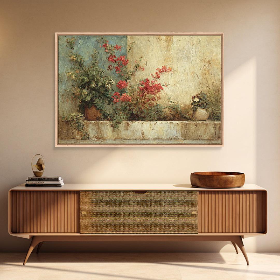 Bougainvillea Cascading over Stone Wall Canvas Print, Mediterranean Art, Watercolor Painting, Living Room Decor, Azure, MAR-3x2-57