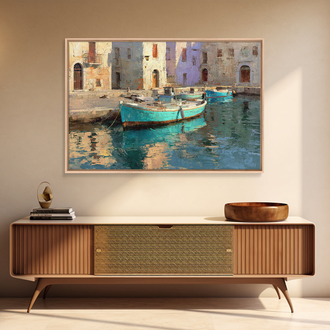 Coastal Fishing Boats Framed Canvas Print, Mediterranean Art, Beach Prints, Living Room Decor, Oil Painting, Azure, Art Print, MAR-3x2-59
