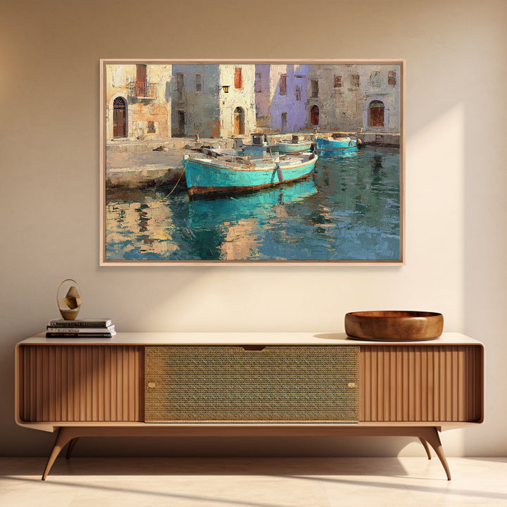 Coastal Fishing Boats Framed Canvas Print, Mediterranean Art, Beach Prints, Living Room Decor, Oil Painting, Azure, Art Print, MAR-3x2-59