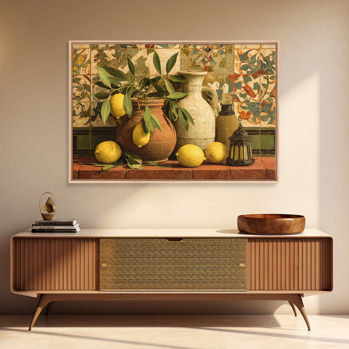 Olive Branch and Lemons on Terracotta Ground Framed Canvas Print, Mediterranean Art, Large Wall Art, Living Room Decor, Azure, MAR-3x2-6