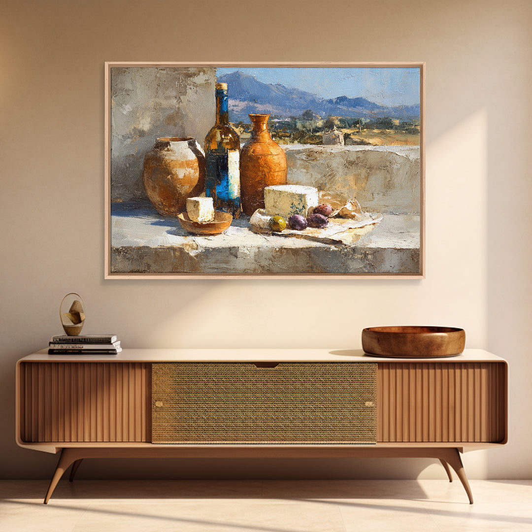 Figs Olives and Cheese Still Life Framed Canvas Print, Mediterranean Art, Minimalist Wall Art, Living Room Decor, Azure, MAR-3x2-60
