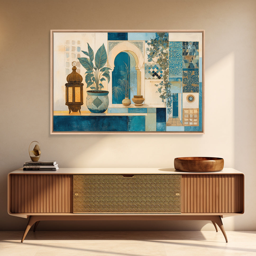 Moroccan Influenced Lantern Canvas Print, Mediterranean Art, Modern Wall Art, Living Room Decor, Oil Painting, Azure, MAR-3x2-61