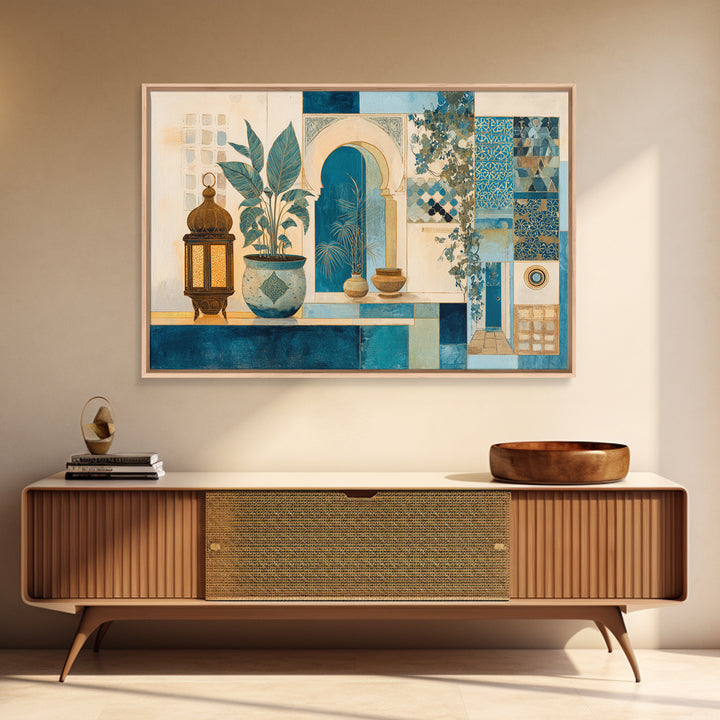 Moroccan Influenced Lantern Canvas Print, Mediterranean Art, Modern Wall Art, Living Room Decor, Oil Painting, Azure, MAR-3x2-61