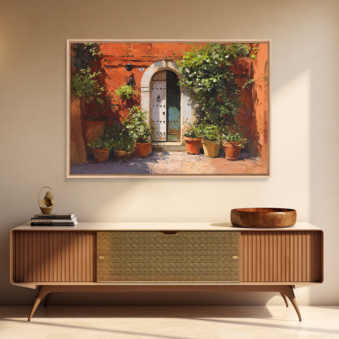 Sunlit Courtyard Doorway Framed Canvas Print, Mediterranean Art, Contemporary Art, Living Room Decor, Oil Painting, Azure, MAR-3x2-63