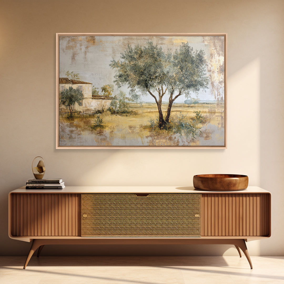 Olive Grove under Pale Morning Light Framed Canvas Print, Mediterranean Art, Nautical Decor, Living Room Decor, Fine Art, Azure, MAR-3x2-69