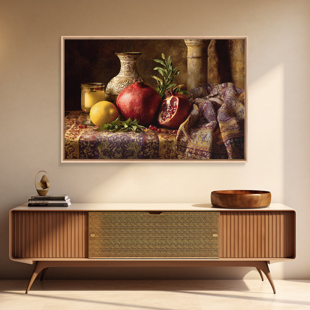 Pomegranate Still Life Framed Canvas Print, Mediterranean Art, Digital Print, Living Room Decor, Watercolor Art, Azure, MAR-3x2-71