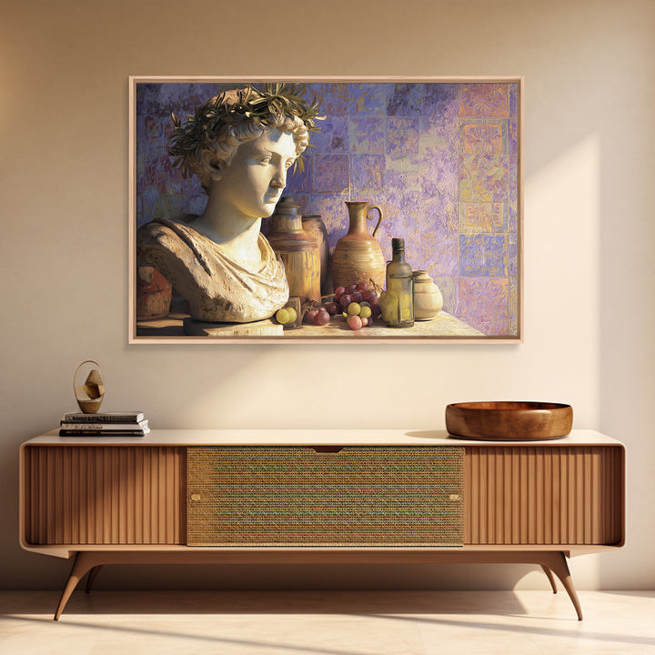 Roman Statue Bust Framed Canvas Print, Mediterranean Art, Farmhouse Decor, Living Room Decor, Oil Painting, Azure, MAR-3x2-74