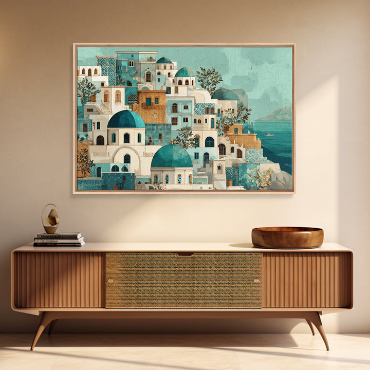 Greek Island White Buildings Above Blue Sea Framed Canvas Print, Mediterranean Art, Coastal Art, Living Room Decor, Azure, MAR-3x2-77
