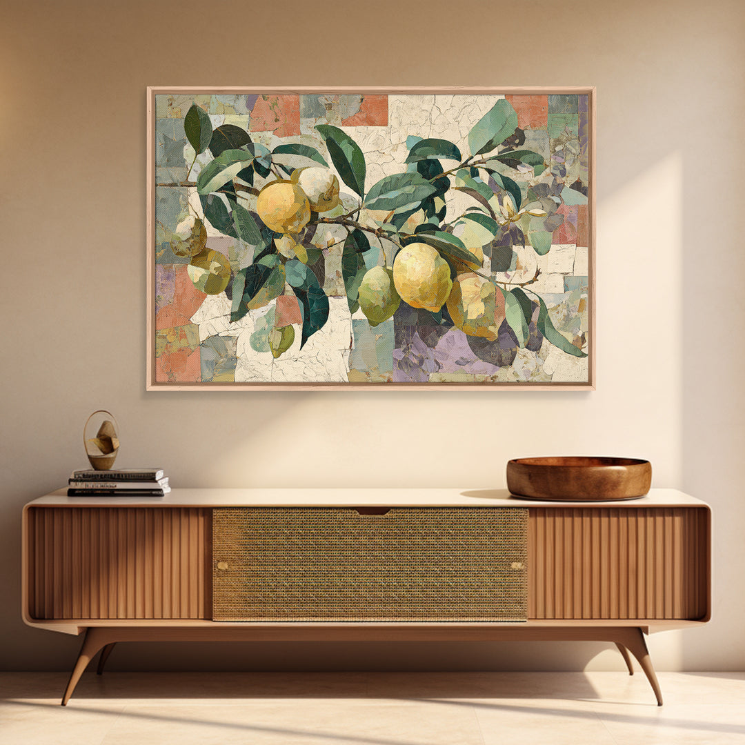 Olive Branch and Lemons on Terracotta Ground Canvas Print, Mediterranean Art, Coastal Wall Art, Living Room Decor, Azure, MAR-3x2-78