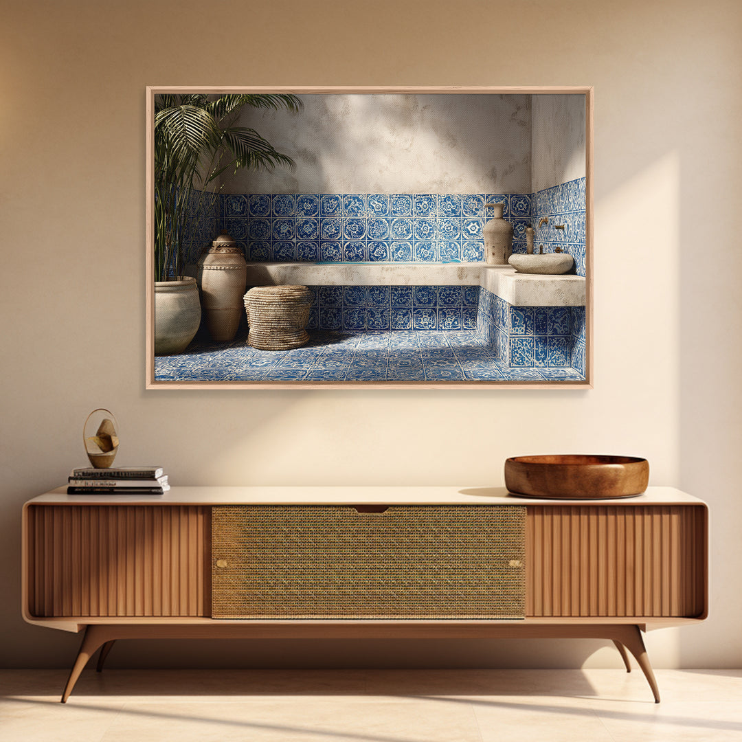Blue and White Tile Pattern Framed Canvas Print, Mediterranean Art, Landscape Wall Art, Living Room Decor, Watercolor Art, MAR-3x2-80