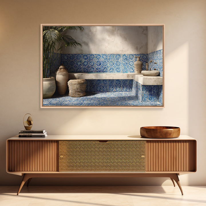 Blue and White Tile Pattern Framed Canvas Print, Mediterranean Art, Landscape Wall Art, Living Room Decor, Watercolor Art, MAR-3x2-80