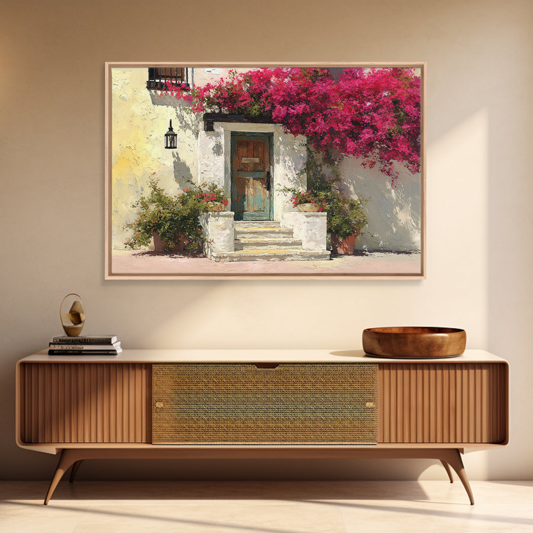 Bougainvillea Cascading over Stone Wall Framed Canvas Print, Mediterranean Art, Watercolor Art, Living Room Decor, Azure, MAR-3x2-81