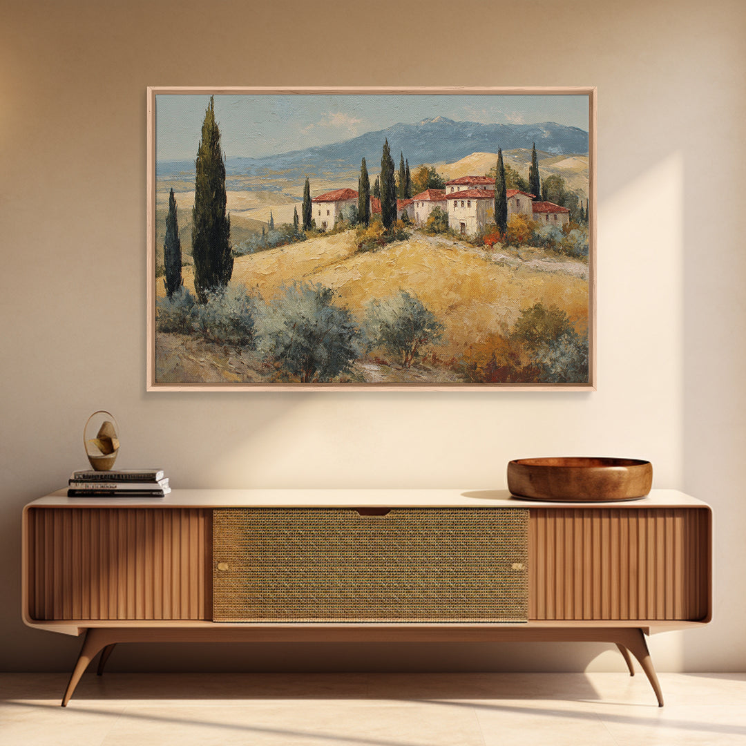 Tuscan Cypress Trees and Golden Hillside Canvas Print, Mediterranean Art, Digital Art Prints, Living Room Decor, Azure, MAR-3x2-82