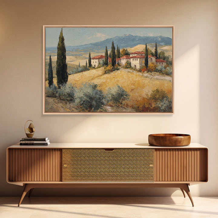Tuscan Cypress Trees and Golden Hillside Canvas Print, Mediterranean Art, Digital Art Prints, Living Room Decor, Azure, MAR-3x2-82