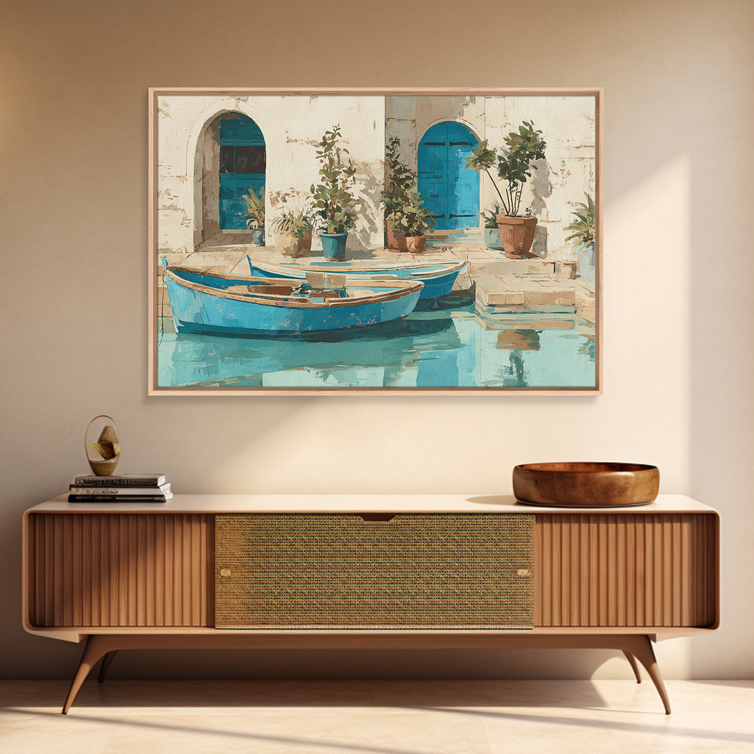 Coastal Fishing Boats Canvas Print, Mediterranean Art, Neutral Decor, Living Room Decor, Fine Art, Azure, Home Decor, MAR-3x2-83