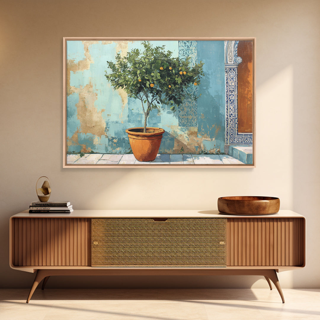 Citrus Tree in Clay Pot Framed Canvas Print, Mediterranean Art, Watercolor Painting, Living Room Decor, Fine Art, Azure, MAR-3x2-86