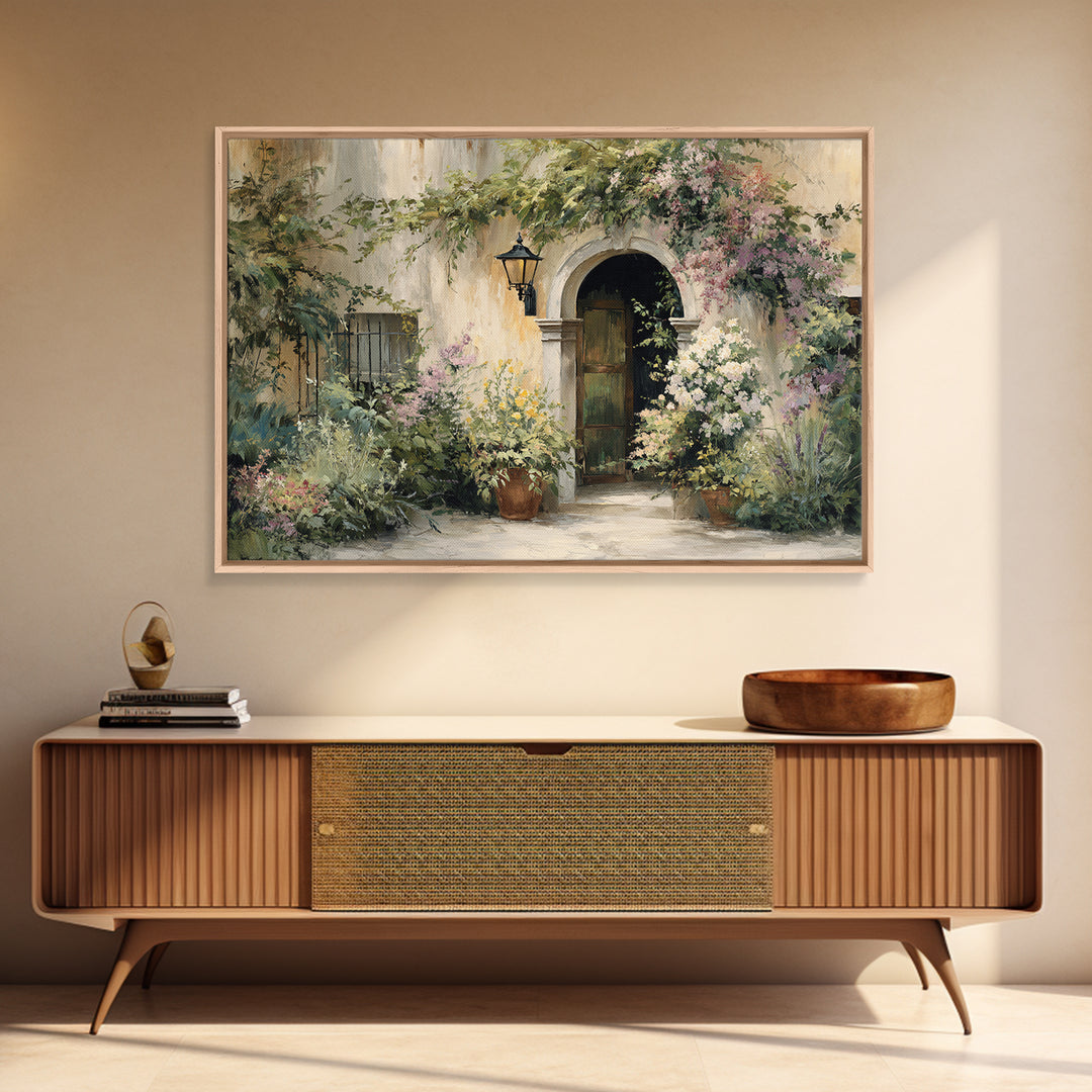 Sunlit Courtyard Doorway Framed Canvas Print, Mediterranean Art, Landscape Painting, Living Room Decor, Fine Art, Azure, MAR-3x2-87