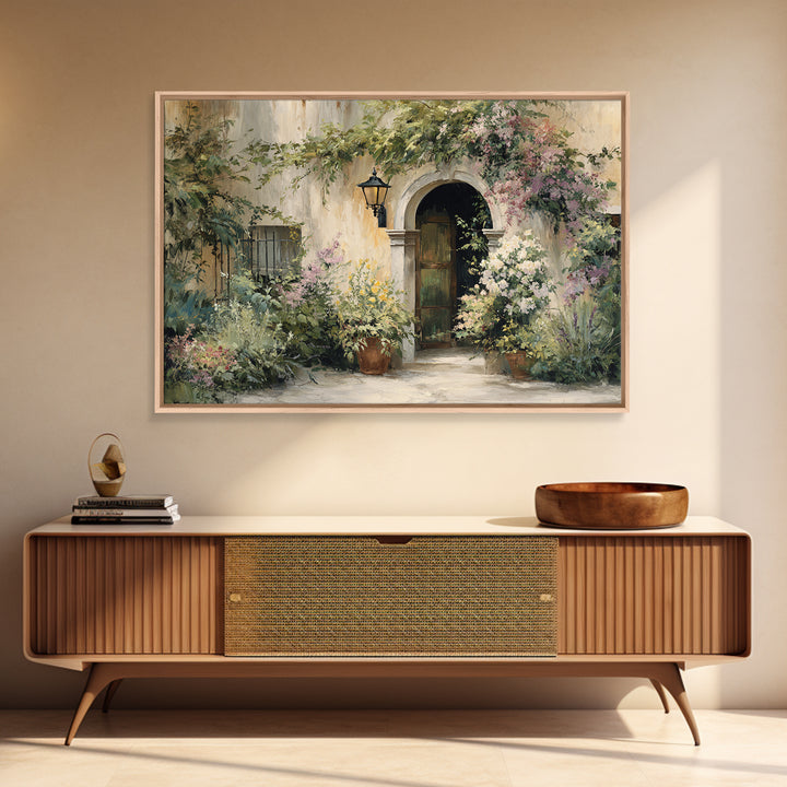Sunlit Courtyard Doorway Framed Canvas Print, Mediterranean Art, Landscape Painting, Living Room Decor, Fine Art, Azure, MAR-3x2-87