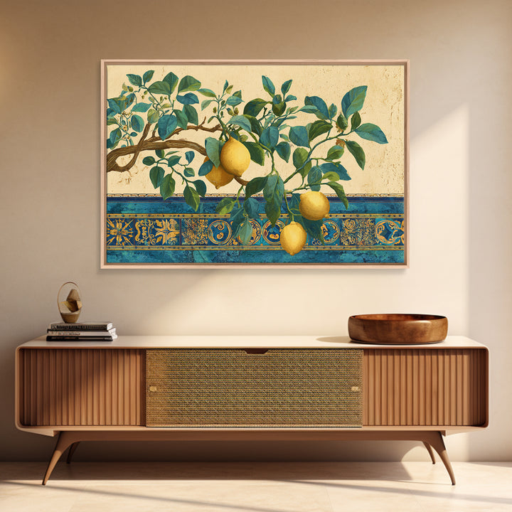 Sicilian Lemon Branch on Ivory Background Canvas Print, Mediterranean Art, Minimalist Wall Art, Living Room Decor, Azure, MAR-3x2-89