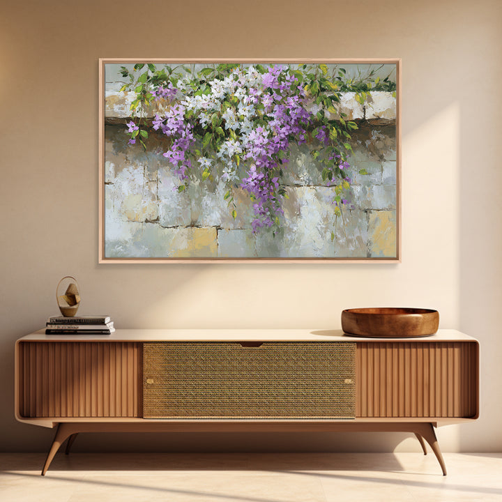 Bougainvillea Cascading over Stone Wall Framed Canvas Print, Mediterranean Art, Digital Print, Living Room Decor, Azure, MAR-3x2-9