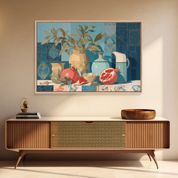 Pomegranate Still Life Framed Canvas Print, Mediterranean Art, Travel Poster, Living Room Decor, Fine Art, Azure, MAR-3x2-95