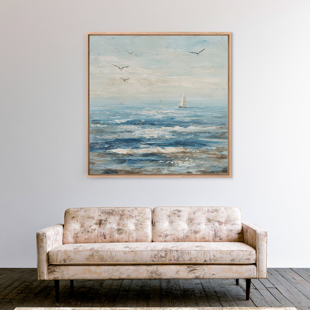 Elegant Moonlit Ocean Horizon Framed Canvas Print, Master Bedroom, Modern Decor, Bedroom Decor, Fine Art, Sanctuary, Wall Decor, MAS-1x1-1