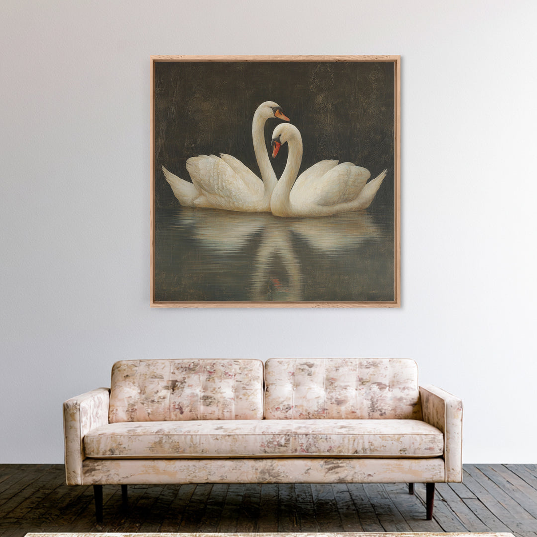 Romantic Swan Pair on Dark Water Canvas Print, Master Bedroom, Farmhouse Wall Decor, Bedroom Decor, Oil Painting, Sanctuary, MAS-1x1-15
