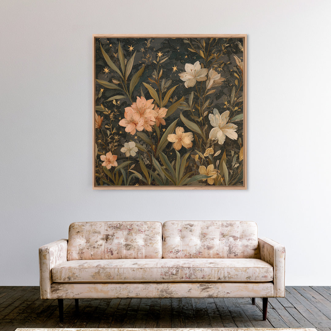 Night Garden with Pale Flowers and Stars Canvas Print, Master Bedroom, Farmhouse Decor, Bedroom Decor, Fine Art, Sanctuary, MAS-1x1-23