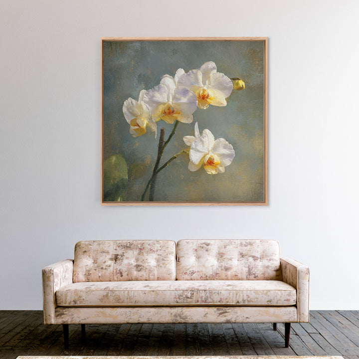 White Orchids Against Warm Gray Background Framed Canvas Print, Master Bedroom, Bedroom Decor, Abstract Art, Sanctuary, MAS-1x1-33