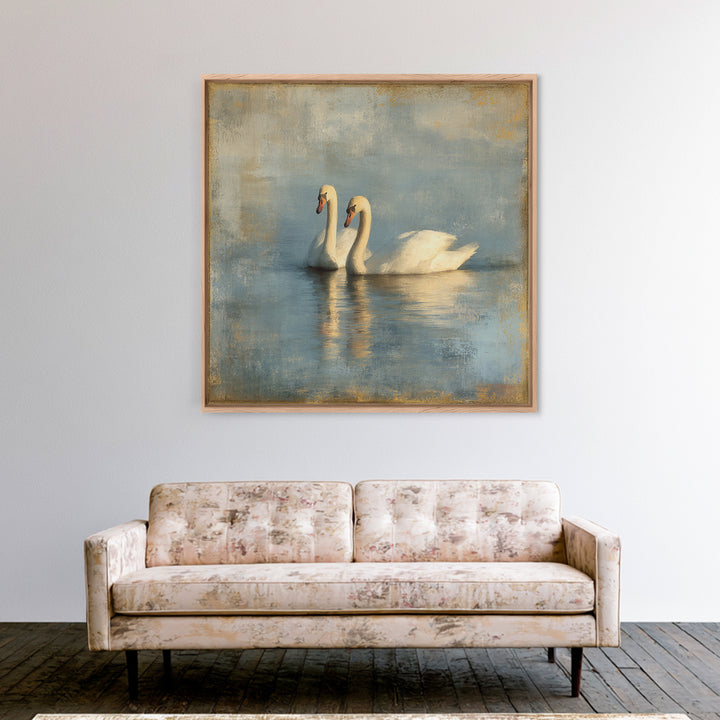 Romantic Swan Pair on Dark Water Framed Canvas Print, Master Bedroom, Living Room Prints, Bedroom Decor, Fine Art, Sanctuary, MAS-1x1-39