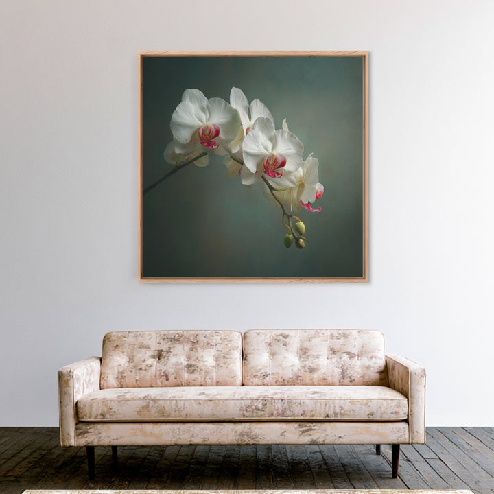 White Orchids Against Warm Gray Background Framed Canvas Print, Master Bedroom, Bedroom Decor, Abstract Art, Sanctuary, MAS-1x1-57