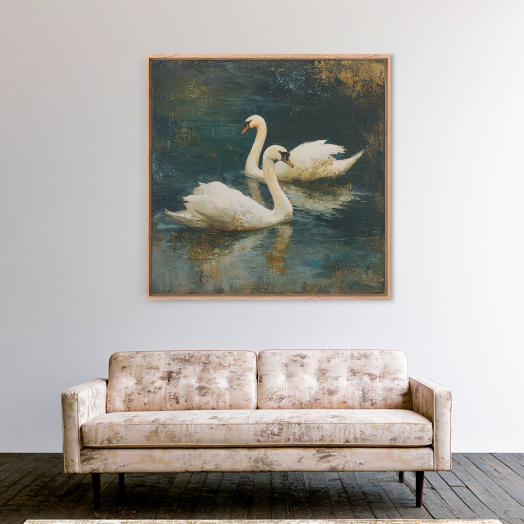 Romantic Swan Pair on Dark Water Framed Canvas Print, Master Bedroom, Neutral Decor, Bedroom Decor, Fine Art, Sanctuary, MAS-1x1-63