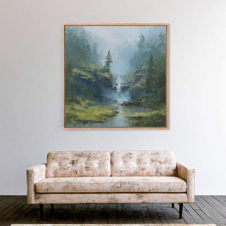 Peaceful Waterfall in Misty Green Forest Framed Canvas Print, Master Bedroom, Modern Decor, Bedroom Decor, Fine Art, Sanctuary, MAS-1x1-67