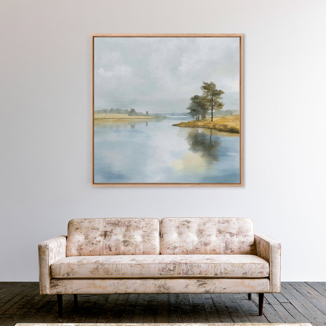 Serene Lake with Pale Morning Reflection Framed Canvas Print, Master Bedroom, Bedroom Wall Art, Bedroom Decor, Oil Painting, MAS-1x1-7