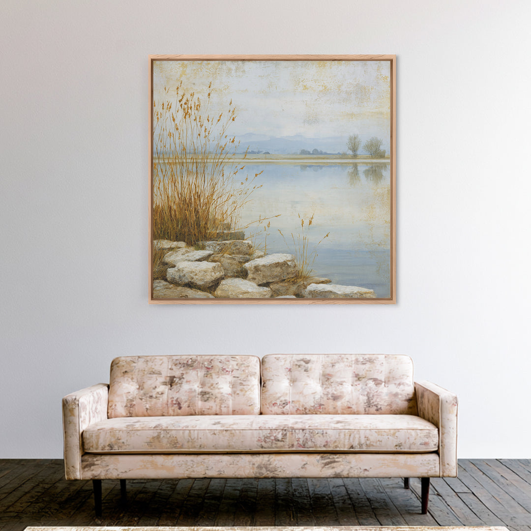 Serene Lake with Pale Morning Reflection Framed Canvas Print, Master Bedroom, Boho Decor, Bedroom Decor, Fine Art, Sanctuary, MAS-1x1-79